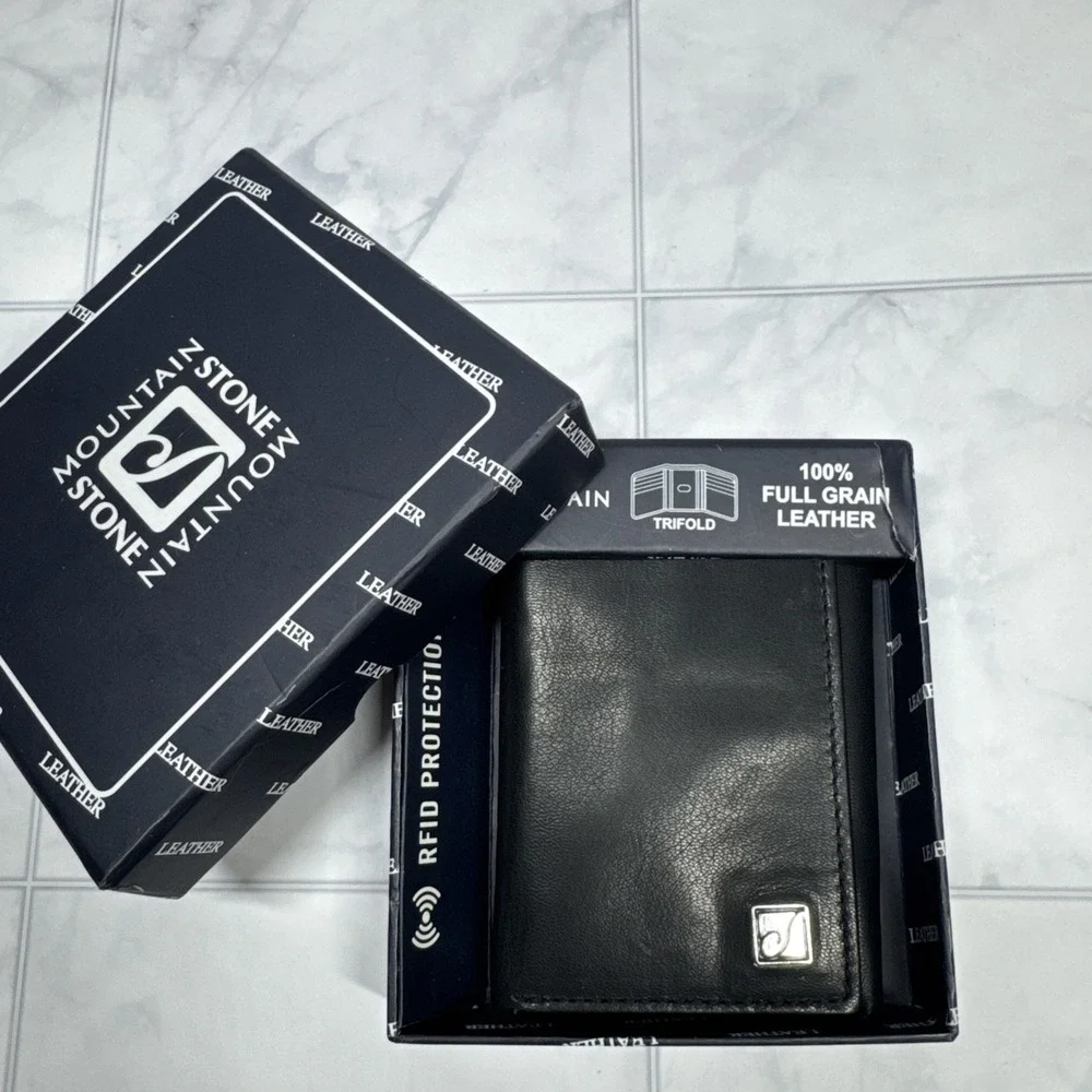 Stone Mountain Men's Leather Wallet Trifold - RFID Protection - Black New In Box